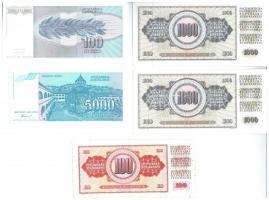 Jugoszlávia 1978. 1000D (2x) közeli sorszám + 1986. 100D + 1992. 100D + 1994. 5000D T:I,III
Yugosla...