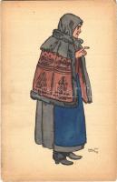 Nagykun asszony kisbundában (Karcag), Magyar Népviselet, Orbis Pictus Hungaricus / old Hungarian lady in traditional costume (non PC) (ragasztásnyom / gluemark)