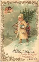 1906 Boldog Karácsonyi ünnepeket! / Christmas greeting card, angels, golden decoration, Emb. Art Nouveau litho