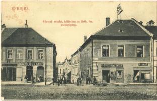 Eperjes, Presov; Fő utca, háttérben az orthodox izraelita zsinagóga, Stieber Z., Elsasz & Schlenger és Kircz Fany üzlete / main street, Orthodox synagogue, shops