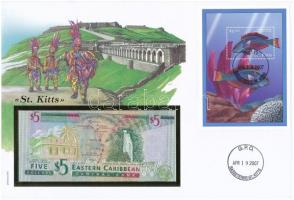 Kelet-Karibi Államok/St. Kitts bankjegyes pecsételt és bélyeges boríték benne Kelet-Karibi Államok/Antigua és Barbuda 2000. 5$ T:I Eastern Caribbean States/St. Kitts sealed envelope with stamp, inside Eastern Caribbean States/Antigua and Barbuda 2000. 5 Dollar banknote C:I