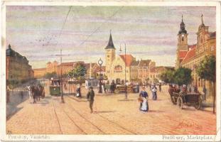 Pozsony, Pressburg, Bratislava; Vásár tér, villamos / Marktplatz / market square, tram. B.K.W.I. 389-14. s: Marx Béla (EK)