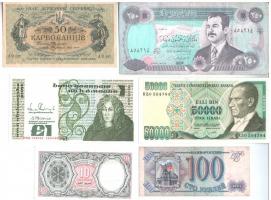 Vegyes 6db-os bankjegy tétel, közte Írország 1989. 1Ł, valamint Ukrajna / Autonóm Köztársaság 1918. 50K T:III