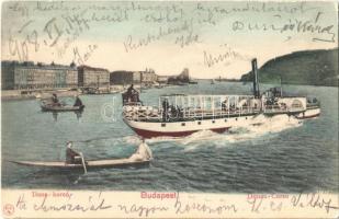 1908 Budapest V. Duna korzó, montázs a Visegrád gőzössel és csónakázókkal / montage postcard (EK)