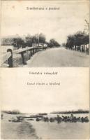 1913 Adony, Erzsébet utca, posta, Dunai részlet a fürdővel, mosóasszonyok, úszó vízi hajómalom (?) (fa)