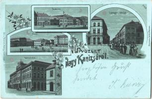 1900 Nagykanizsa, Csengeri utca, Deák és Fő tér, Városháza. Alt u. Böhm ezüstös floral, Art Nouveau, litho (vágott / cut)