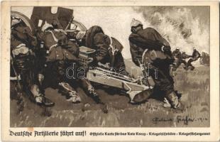 Deutsche Artillerie fahrt auf! / WWI German military, artillery unit opening fire, Offizielle Karte für das Rote Kreuz, Kriegshilfsbüro, Kriegsfürsorgeamt s: Roland Strasser