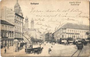 1906 Budapest V. Károly körút, Dohány utcai zsinagóga, Dreher Antal sörfőzdéjének városi főraktára, Schlinger Ferenc Első budapesti szűcs és szőrme áruraktár, Frank és Steiner cipőgyára, Szikla D. fogorvos, Kohn Mór és fiai és Spieler M. üzlete, villamosok, Vendéglő a Vörös Bakhoz,