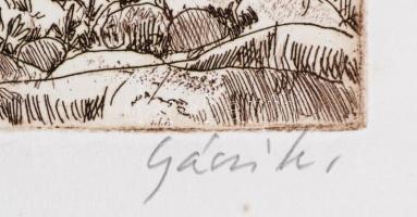 Gácsi Mihály (1926-1987): Szent Ferenc prédikál. Rézkarc, papír, jelzett, felcsavarva, kis szakadáso...