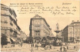 Budapest VIII. Kálvin tér, József és Baross utca, szökőkút , villamos, gyógyszertár, Magyar fém és lámpaáru gyár (EK)