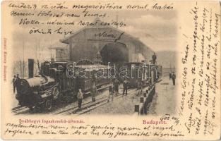 1902 Budapest XII. Svábhegy, Fogaskerekű vasútállomás, gőzmozdony, vasutasok. Divald Károly