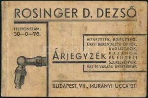cca 1930 Rosinger Dezső vízvezeték szerelvények képes árjegyzék, foltos címlappal. 48p.