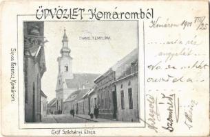 1901 Komárom, Komárno; Gróf Széchenyi utca, Evangélikus templom. Sipos Ferenc kiadása / street view, Lutheran church (EK)