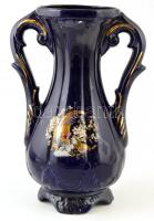 Olasz kék kerámia váza virágmintával, matricás, hibákkal, m: 37 cm
