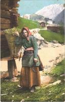 Woman in folk costume with sickle, Swiss folklore, Svájci folklór, nő sarlóval