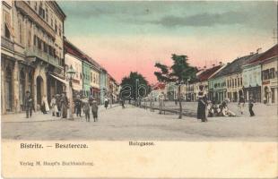1906 Beszterce, Bistritz, Bistrita; Holzgasse / Fa utca, Keresztes üzlete. Verlag M. Haupts Buchhandlung / street view, shops (EB)