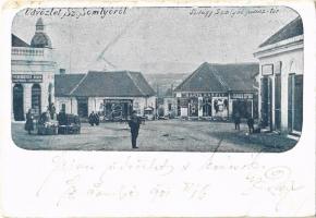 1901 Szilágysomlyó, Simleu Silvaniei; Piactér, Rosenberger Ármin nagyváradi lisztraktára, Farkas István, Barta Károly üzlete, utcai árusok / marketplace, shops, flour warehouse, street vendors (EB)