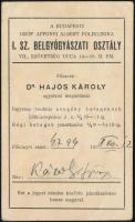1938 A Budapesti Gróf Apponyi Albert Poliklinika I. sz. Belgyógyászati osztály által kiadott jegy szegény betegek számára