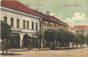 1907 Rozsnyó, Roznava (Gömör); Rákóczi tér, gyógyszertár, Falvi Jenő könyv és papírkereskedése és saját kiadása / square, pharmacy, shops (EK)