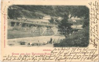 1901 Vöröstoronyi-szoros, Roterturmpass, Pasul Turnu Rosu; Altbrücke / régi fahíd, fatelep, fűrésztelep. Lichtdruck von Jos. Drotleff / old wooden bridge, sawmill