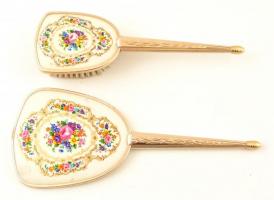 Kézi tükör és kefe, virágmintával, h: 26 és 30 cm