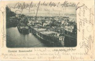 1899 Komárom, Komárnó; Téli kikötő jobb part, MFTR Győr uszályok / winter port, barges