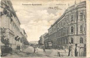 1906 Temesvár, Timisoara; Gyárváros, Andrássy út, villamos. Kiadja Káldor Zs. és Társa / Fabric, street view, tram (felületi sérülés / surface damage)