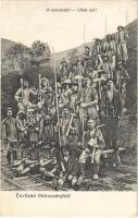 1912 Petrozsény, Petrosani; Jó szerencsét! bányászok csoportja, hajtány. Adler fényirda / Glück auf! group of miners, mine, handcar (EK)