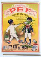 cca 1910 Henri Boulanger (H. Gray) (1858-1924): PEF porcelán email festék, Lutz Ede és Társa, reklám plakát, litográfia, fém élrögzítőkkel, az egyik rögzítő leszakadt, a szélén szakadásokkal, 39x30 cm / Advertisement poster, lithography, damaged, 39x30 cm