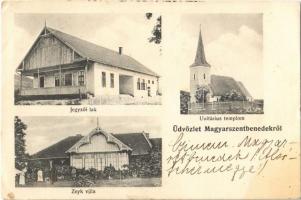 Magyarszentbenedek, Szentbenedek, Sanbenedic; Jegyzői lak, Unitárius templom, Zeyk villa. Lang Henrik fényképészeti műterme kiadása / notarys house, church, villa (EK)