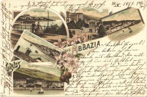 1897 (Vorläufer!) Abbazia, Opatija; Hotel Stefanie, Ika, Volosca, Abbazia v. Süden und v. Meere / hotel, Volosko, Ika. Art Nouveau, floral, litho (kis szakadás / small tear)