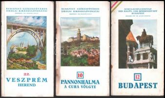 Budapest székesfőváros iskolai kirándulóvonatai 3 kötete (10, 22.,12.):   1935 Budapest. Schulausflugszüge. Der Haupt- und Residenzstadt Budapest 12. Bp.,1935, Bp. házinyomdája, 1 t.+18 p.+1 t. Német nyelven. Kiadói papírkötés, kissé foltos, kijáró lapokkal.   1935 Pannonhalma. A Cuha völgye. Budapest székesfőváros iskolai kirándulóvonatai 10. Bp.,1935, Bp. házinyomdája, 16 p.+ 1 t.+2 térkép. Kiadói papírkötés, foltos, kijáró lapokkal, megviselt állapotban.   1938 Veszprém. Herend. Bp., 1938, Bp. házinyomdája, 16 p.+ 1 t.+2 térkép. Kiadói papírkötés, foltos.