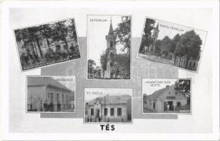 1938 Tés, Evangélikus templom és iskola, római katolikus templom, községháza, Püspöki palota, Hangya fogyasztási szövetkezet üzlete