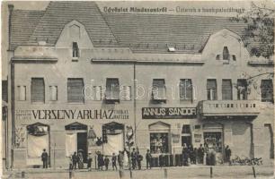 1920 Mindszent, Üzletek a bankpalotában, Farkas Hauszer versenyáruháza, Annus Sándor vas és fűszerkereskedése. Horváth Antal kiadása (Rb)