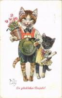 1914 Ein glückliches Neujahr! / New Year greeting card with cats. T. S. N. Serie 1468. s: Arthur Thiele