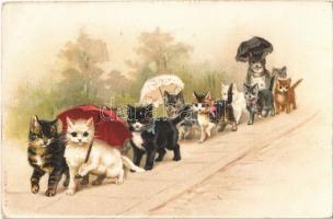 Cats with umbrellas. A. & M. B. No. 108. litho (EK)