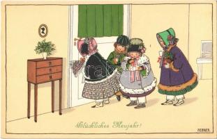 Glückliches Neujahr! / New Year greeting, children art postcard. M. Munk Vienne Nr. 777. s: Pauli Ebner