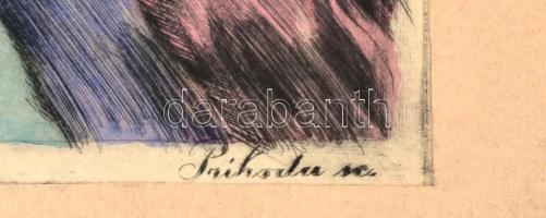 Prihoda István (1891-1956): Vigasztaló nővér. Színezett rézkarc, papír, jelzett a karcon, 25×21 cm