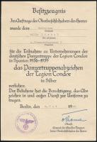 1940 A spanyol polgárháborúban részt vett Condor-légió páncéloshadosztályában harcoló részére adományozott ezüst érdemrend adományozó levele a hadseregparancsnok Wilhelm Ritter von Thoma saját kezű aláírásával.  / Rare document of the Spanish civil war. Award for member of the Condor Panzer regiment. With autograph signature of Wilhelm Ritter von Thoma.