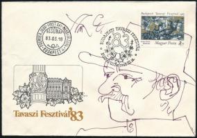 Szász Endre (1927-2003) saját kezű tollrajza és aláírása a Budapesti Tavaszi Fesztivál borítékján az általa tervezett bélyeggel, alkalmi bélyegzéssel