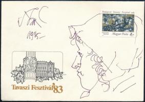 Szász Endre (1927-2003) saját kezű tollrajza és aláírása a Budapesti Tavaszi Fesztivál borítékján az általa tervezett bélyeggel, alkalmi bélyegzéssel