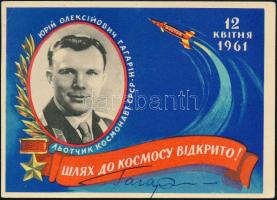 Jurij Alekszejevics Gagarin (1934-1968) szovjet űrhajós autográf aláírása futott képeslapon of Yuriy Alekseyevich Gagarin (1934-1968) Soviet astronaut on postcard with special cancellation