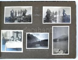 1916 Tátrai és felvidéki nyaralás képei, (Ó-Tátrafüred 1916. julius-augusztus), 26 korabeli fotóval 12 kartonlapon, albumban, feliratozva, benne Iglói állomás katonákkal, Lőcsén, Késmárkon, Tátralomnicon készült fotókkal, valamint a Poprádi-tó,Csorba-tó, Fátyol-vízesés, Fagyott-tó, Zöld-tó, Tarpatak, Tarpataki vízesés, Lengyel-nyereg, Felkai-tó...stb., jó állapotban, 14x9 cm és 8x6 cm közötti méretben