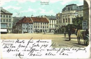 1905 Pozsony, Pressburg, Bratislava; Színház tér, lovaskocsi. Heliocolorkarte von Ottmar Zieher / Theaterplatz / theatre square, horse cart