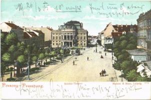 1905 Pozsony, Pressburg, Bratislava; színház, Fő utca, villamos / theatre, main street, tram