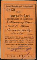 1914 Szent-Margitszigetre való szabad belépési igazolvány, Szent-Margit Gyógyfürdő, másik oldalán: H...