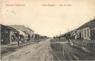 1913 Pankota, Pancota; Csiky Gergely utca és Főút, üzlet, vasútállomás / street, shop, railway stati...