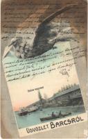 1907 Barcs, Dráva rakpart a vasútállomás mellett, uszályok, evezős csónak. Kremsner Mátyásné kiadása, galambos montázslap / Montage postcard with dove (fl)