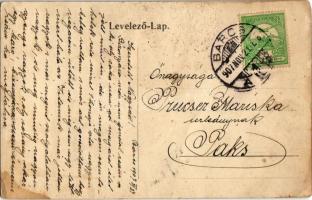 1907 Barcs, Dráva rakpart a vasútállomás mellett, uszályok, evezős csónak. Kremsner Mátyásné kiadása...