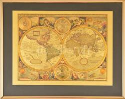 New and accurat map of the world 1651. térkép modern aranyozott díszkiadása üvegezett keretben 51x40 cm